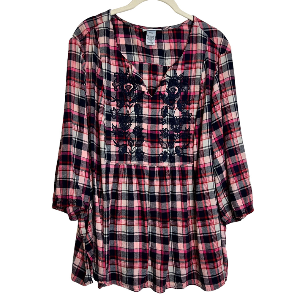 Catherines Womens Embroidered Flannel Shirt 2XWP Red Pink Plaid Western Feminine